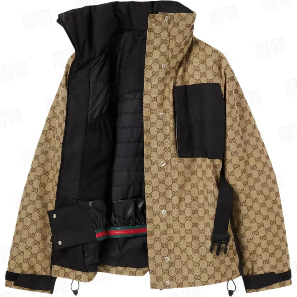 GUCCI TECHNICAL FABRIC JACQUARD JACKET IN BEIGE AND DARK BROWN