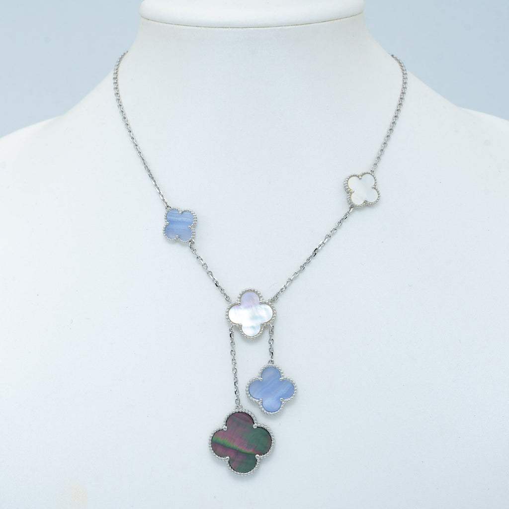 Van Cleef & Arpels CLOVER MOP CHALCEDONY NECKLACE SILVER 6 MOTIF