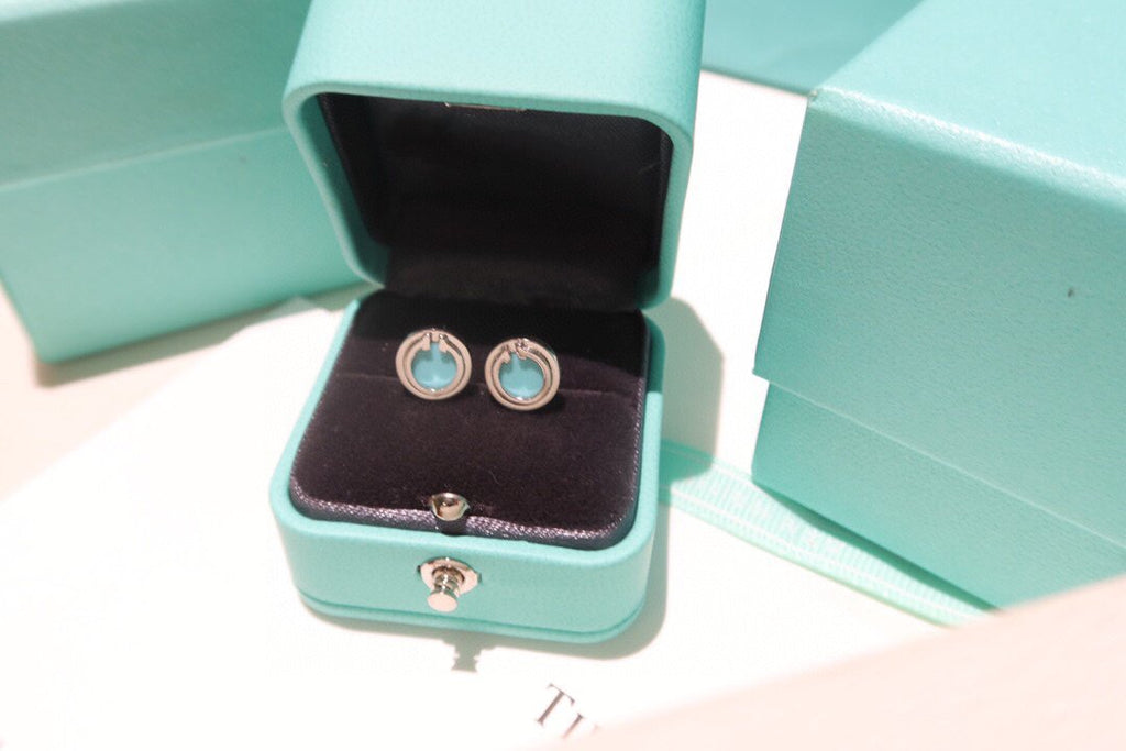 TIFFANY TURQUOISE CIRCLE WHITE GOLD EARRINGS