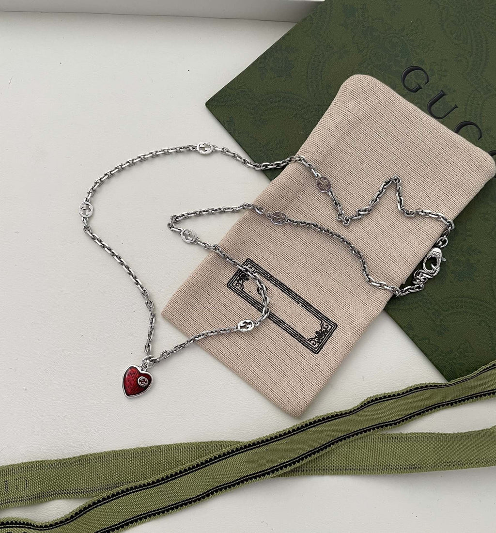 GUCCI HEARTS STERLING SILVER RED ENAMEL PENDANT NECKLACE