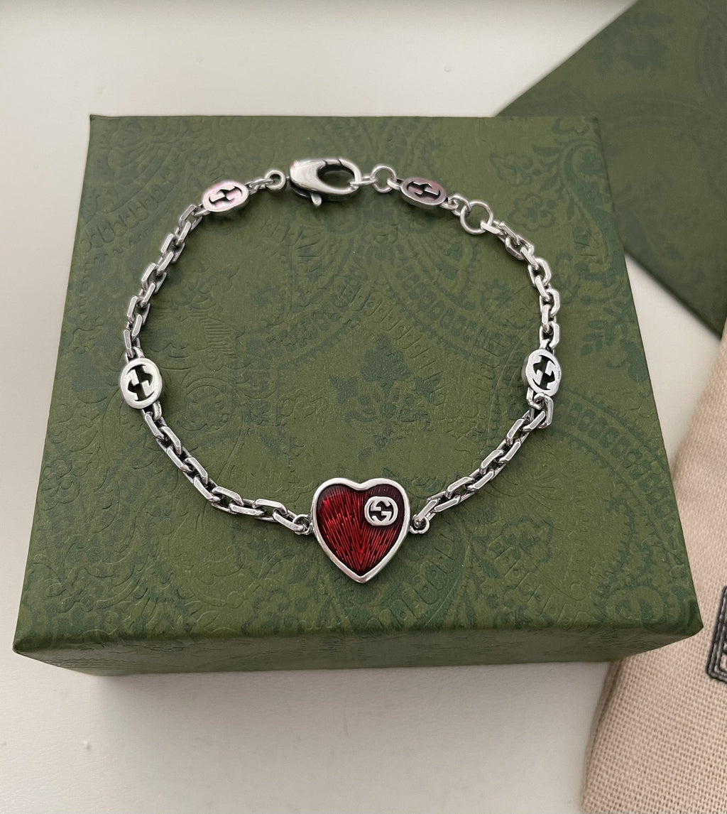 GUCCI HEART AGED FINISH STERLING SILVER RED ENAMEL BRACELET