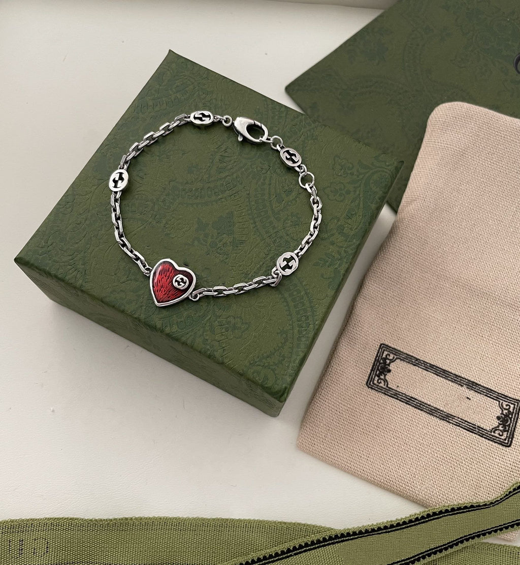 GUCCI HEART AGED FINISH STERLING SILVER RED ENAMEL BRACELET