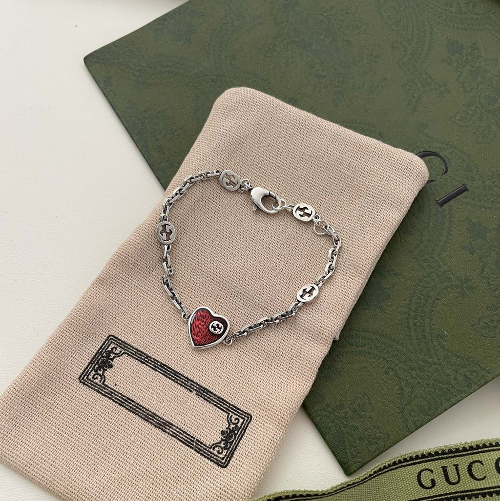 GUCCI HEART AGED FINISH STERLING SILVER RED ENAMEL BRACELET