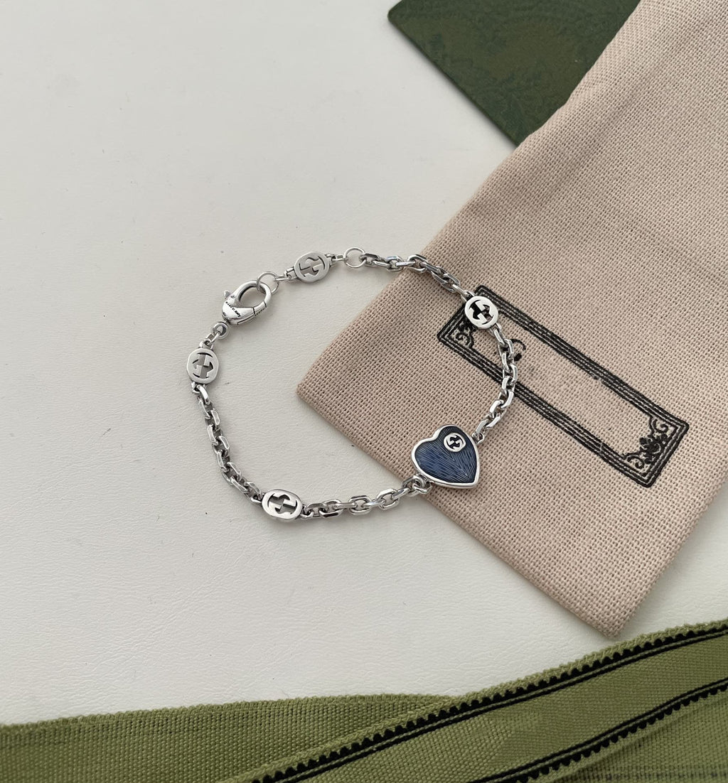 GUCCI HEART AGED FINISH STERLING SILVER BLUE ENAMEL BRACELET