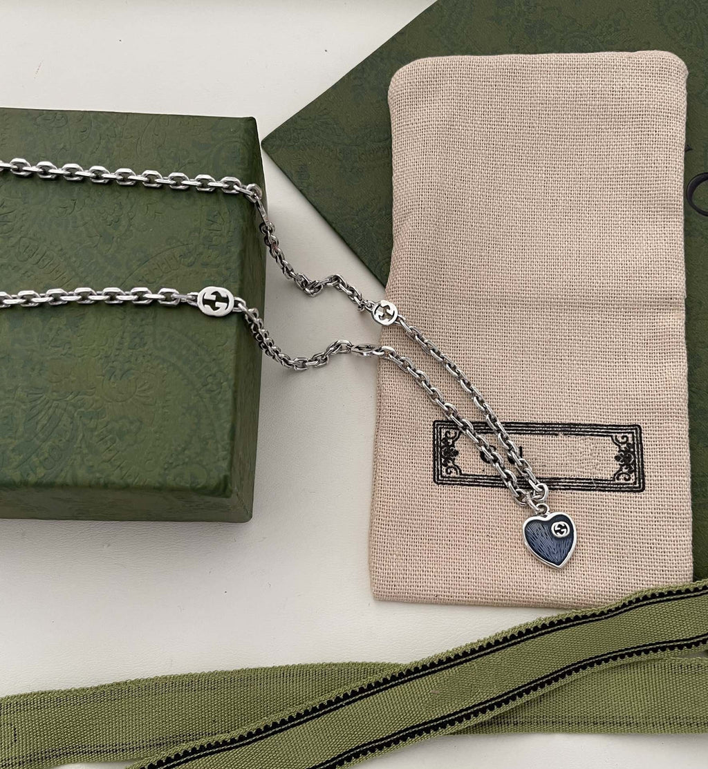 GUCCI HEARTS STERLING SILVER BLUE ENAMEL PENDANT NECKLACE