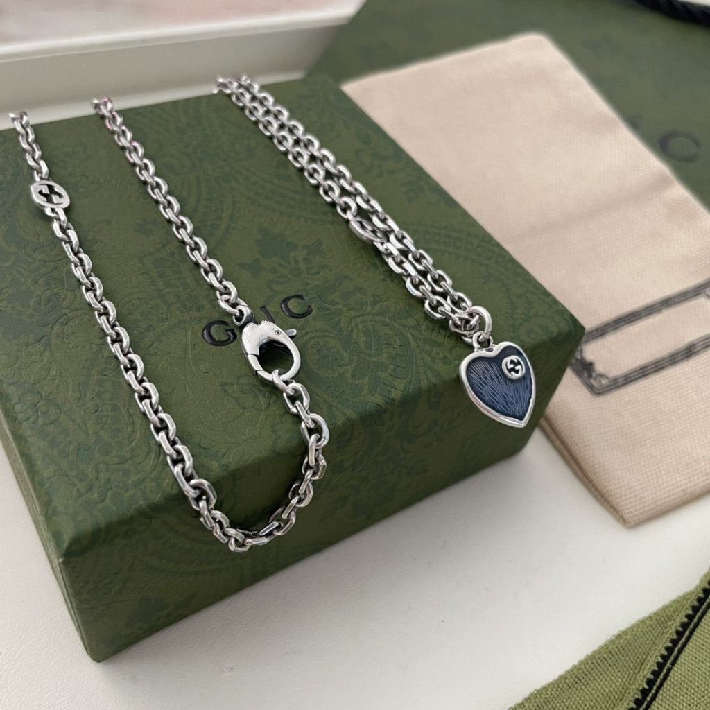 GUCCI HEARTS STERLING SILVER BLUE ENAMEL PENDANT NECKLACE