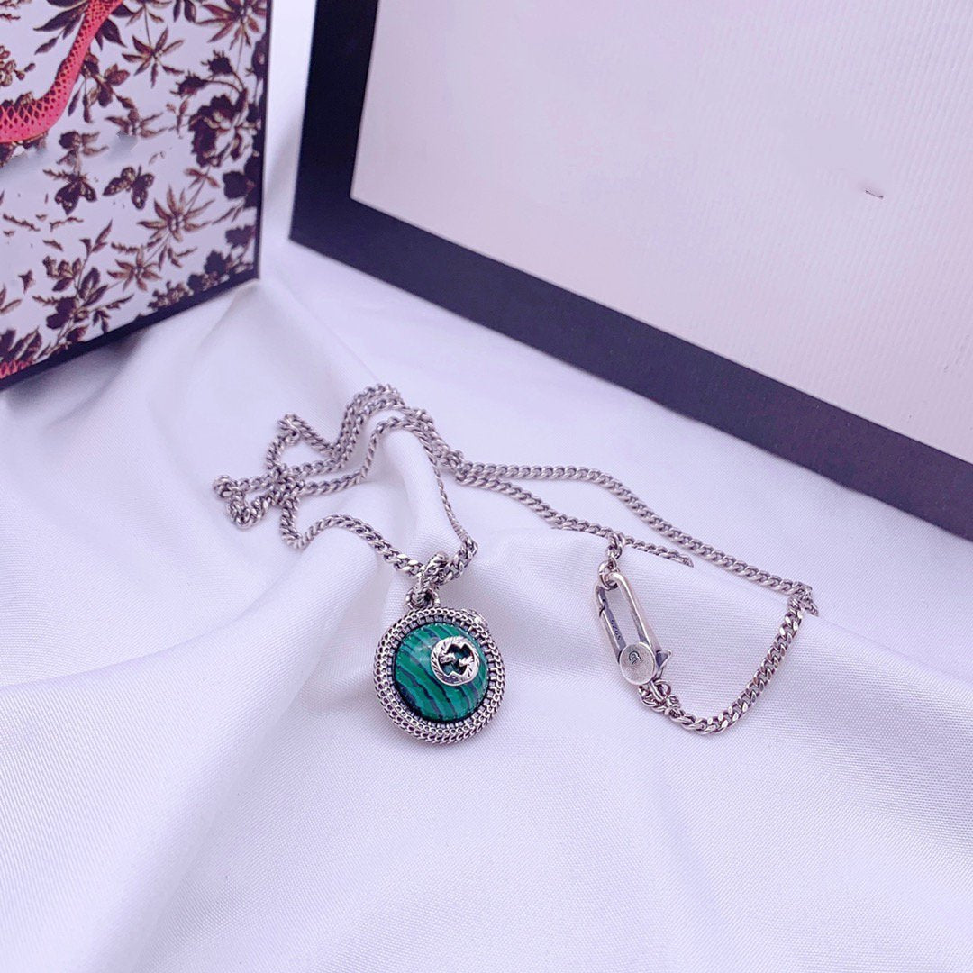GUCCI STERLING SILVER NEW DOUBLE G LOGO SERPENT MALACHITE PENDANT NECKLACE