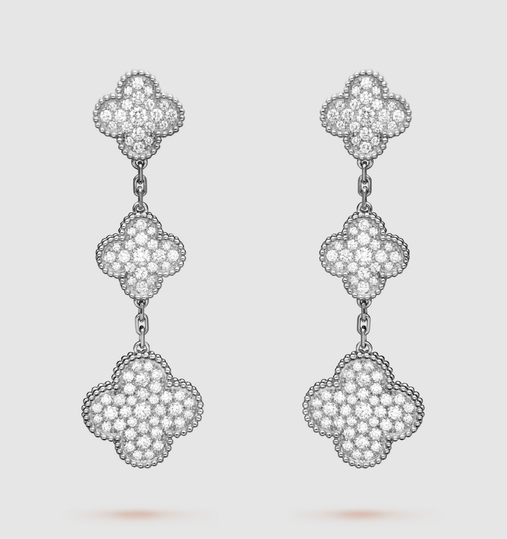 Van Cleef & Arpels CLOVER 3 MOTIF DIAMOND SILVER DROP EARRINGS