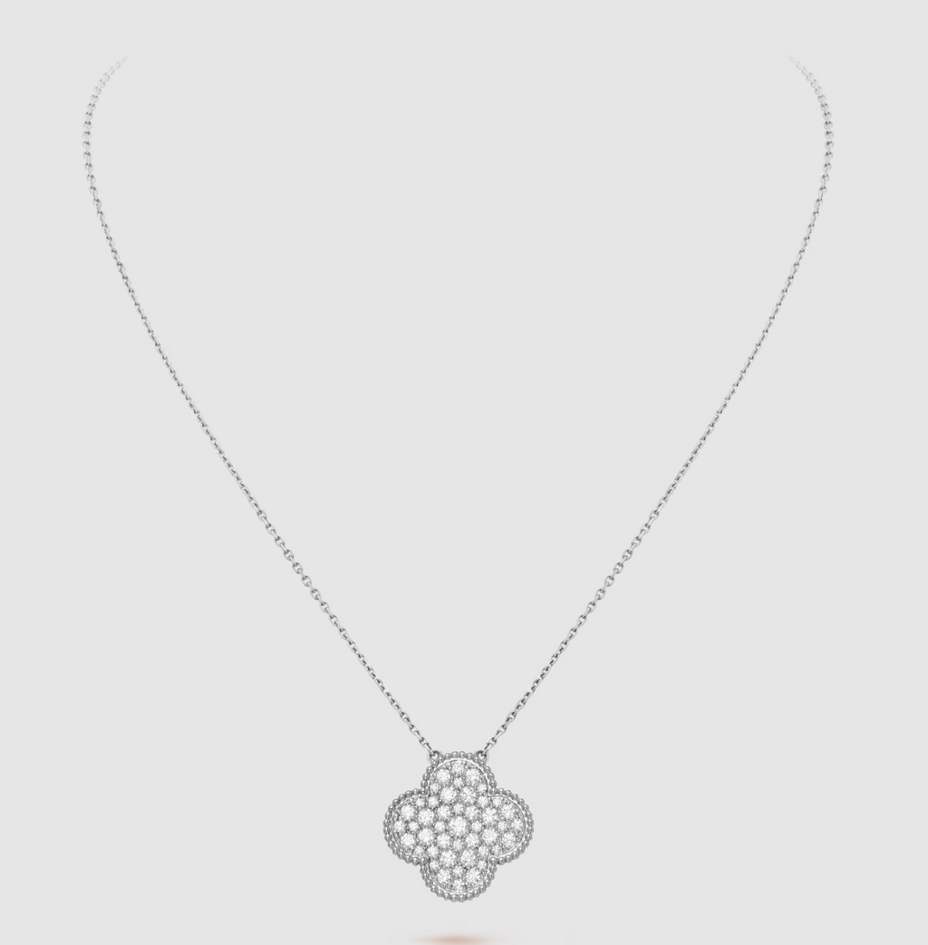 Van Cleef & Arpels CLOVER LARGE PENDANT DIAMOND PAVED SILVER NECKLACE