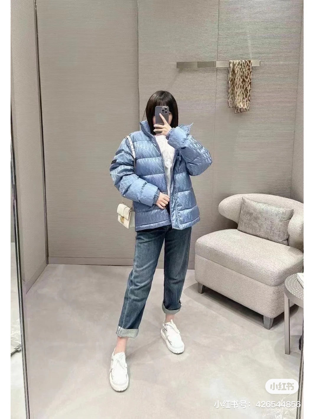 GUCCI Dior Oblique Down Jacket Blue Jacquard Fabric