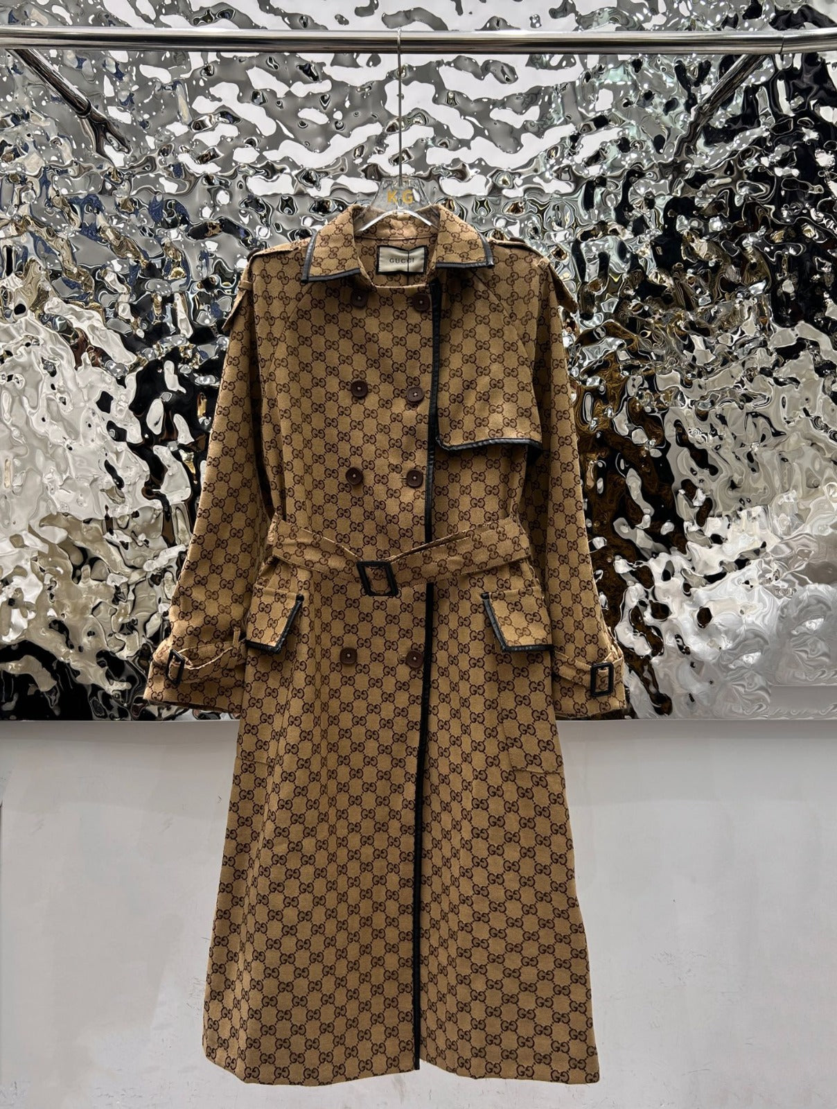 GUCCI -JACQUARD COTTON-BLEND CANVAS TRENCH COAT WITH LEATHER TRIM