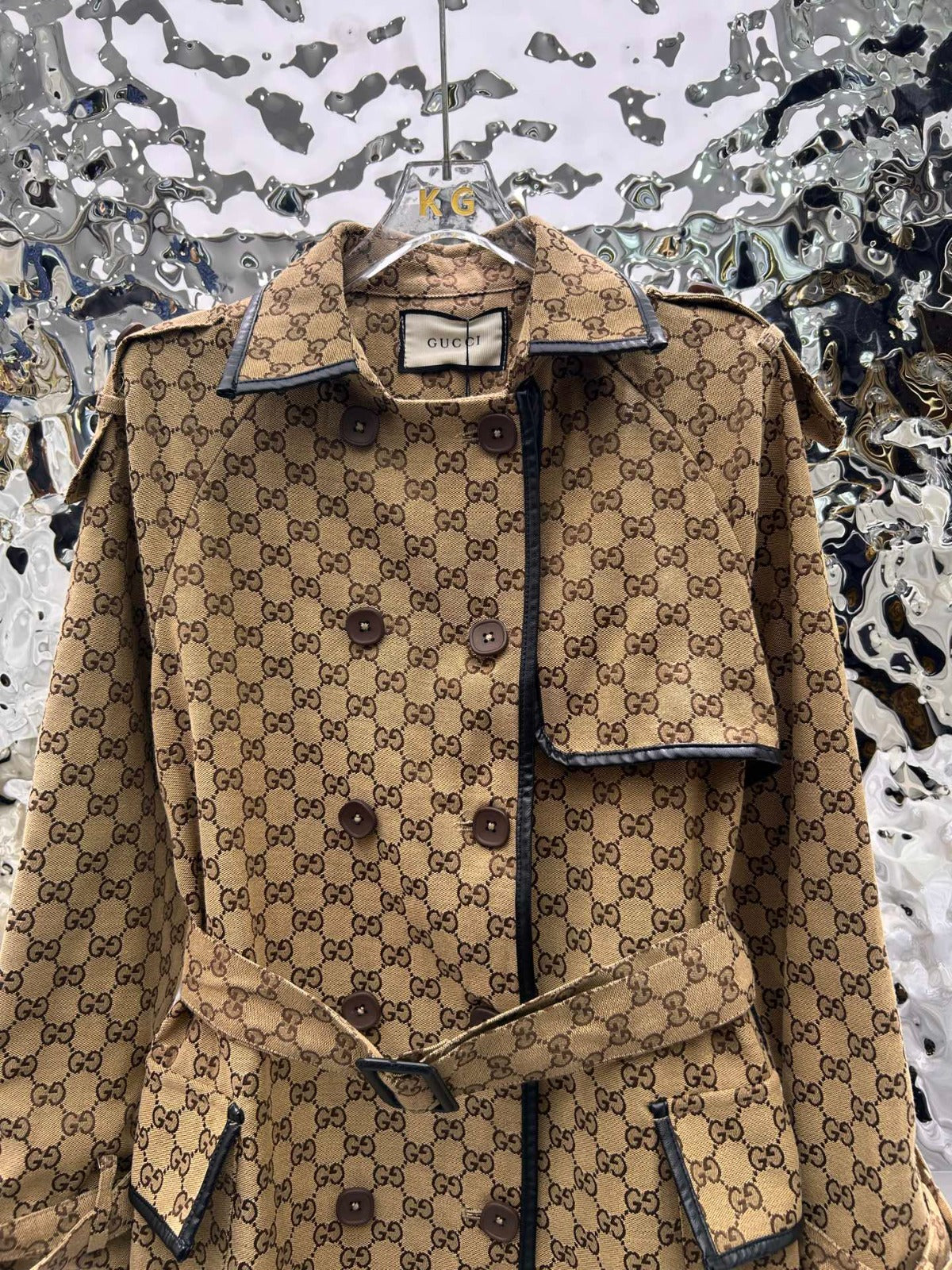 GUCCI -JACQUARD COTTON-BLEND CANVAS TRENCH COAT WITH LEATHER TRIM
