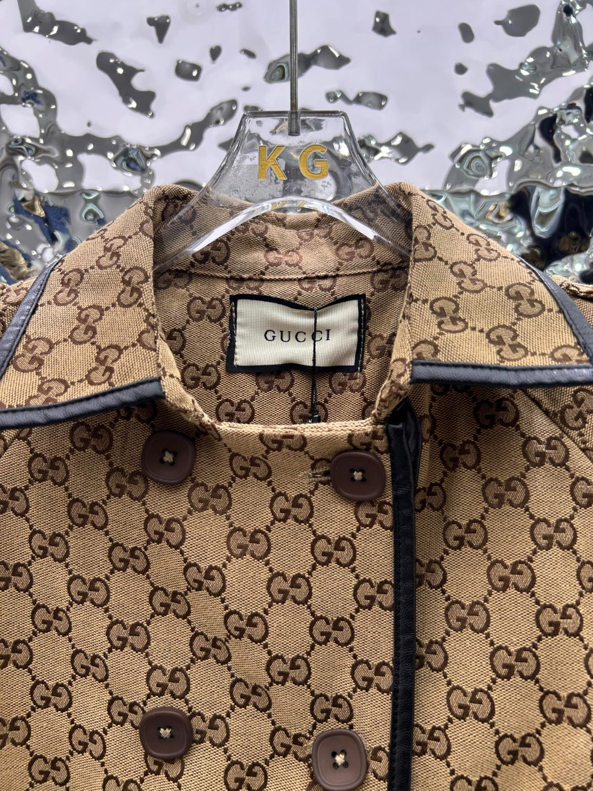 GUCCI -JACQUARD COTTON-BLEND CANVAS TRENCH COAT WITH LEATHER TRIM