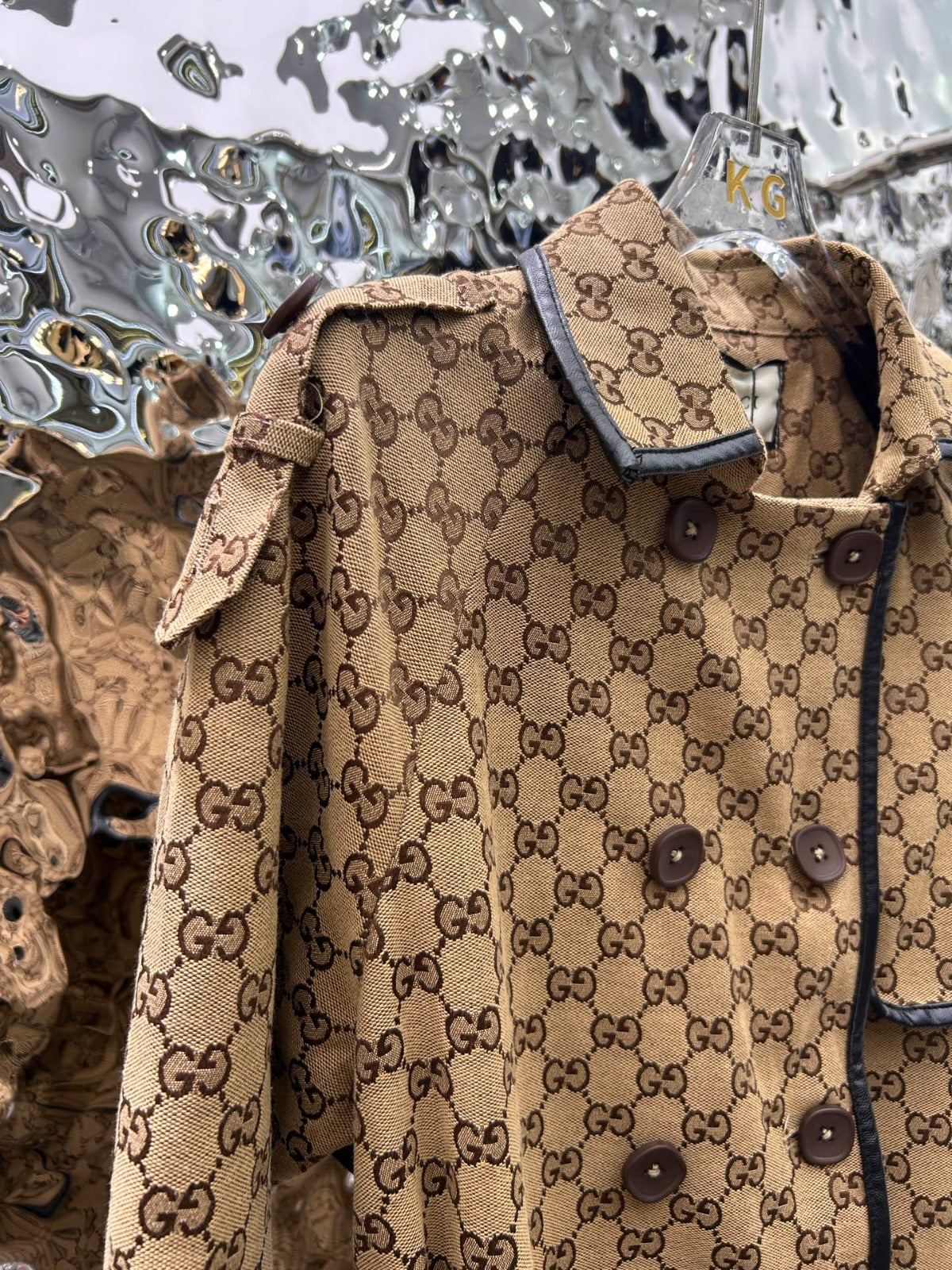 GUCCI -JACQUARD COTTON-BLEND CANVAS TRENCH COAT WITH LEATHER TRIM