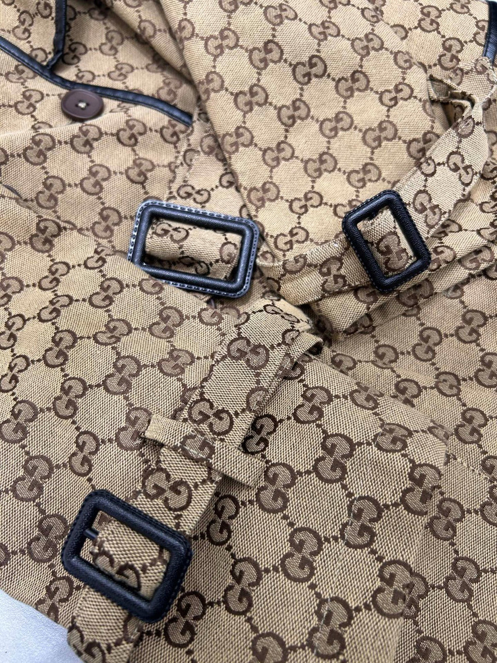 GUCCI -JACQUARD COTTON-BLEND CANVAS TRENCH COAT WITH LEATHER TRIM