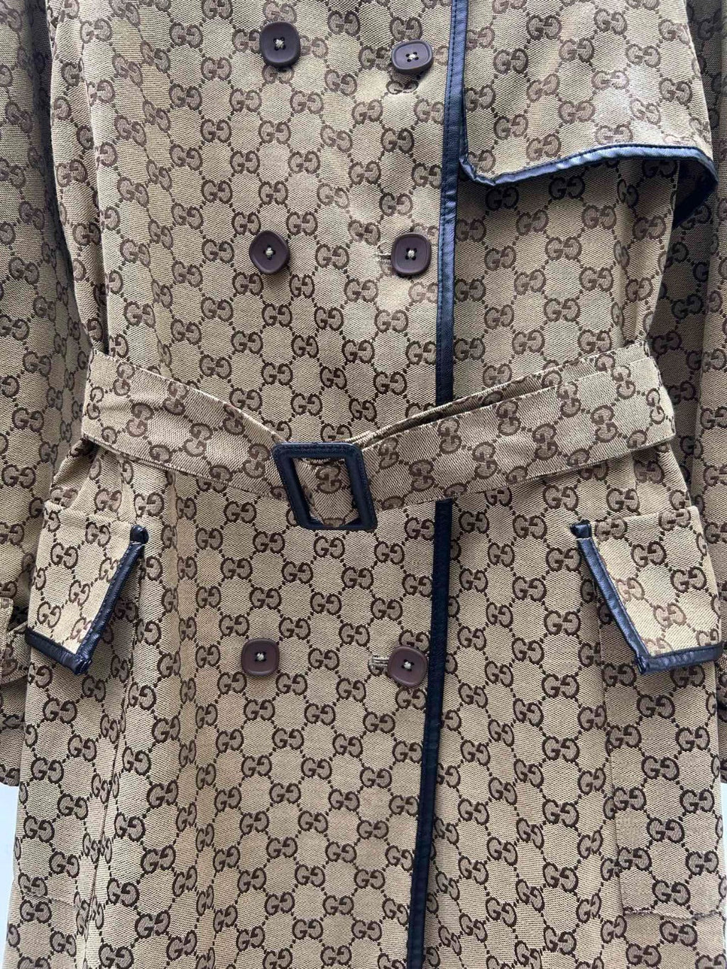 GUCCI -JACQUARD COTTON-BLEND CANVAS TRENCH COAT WITH LEATHER TRIM