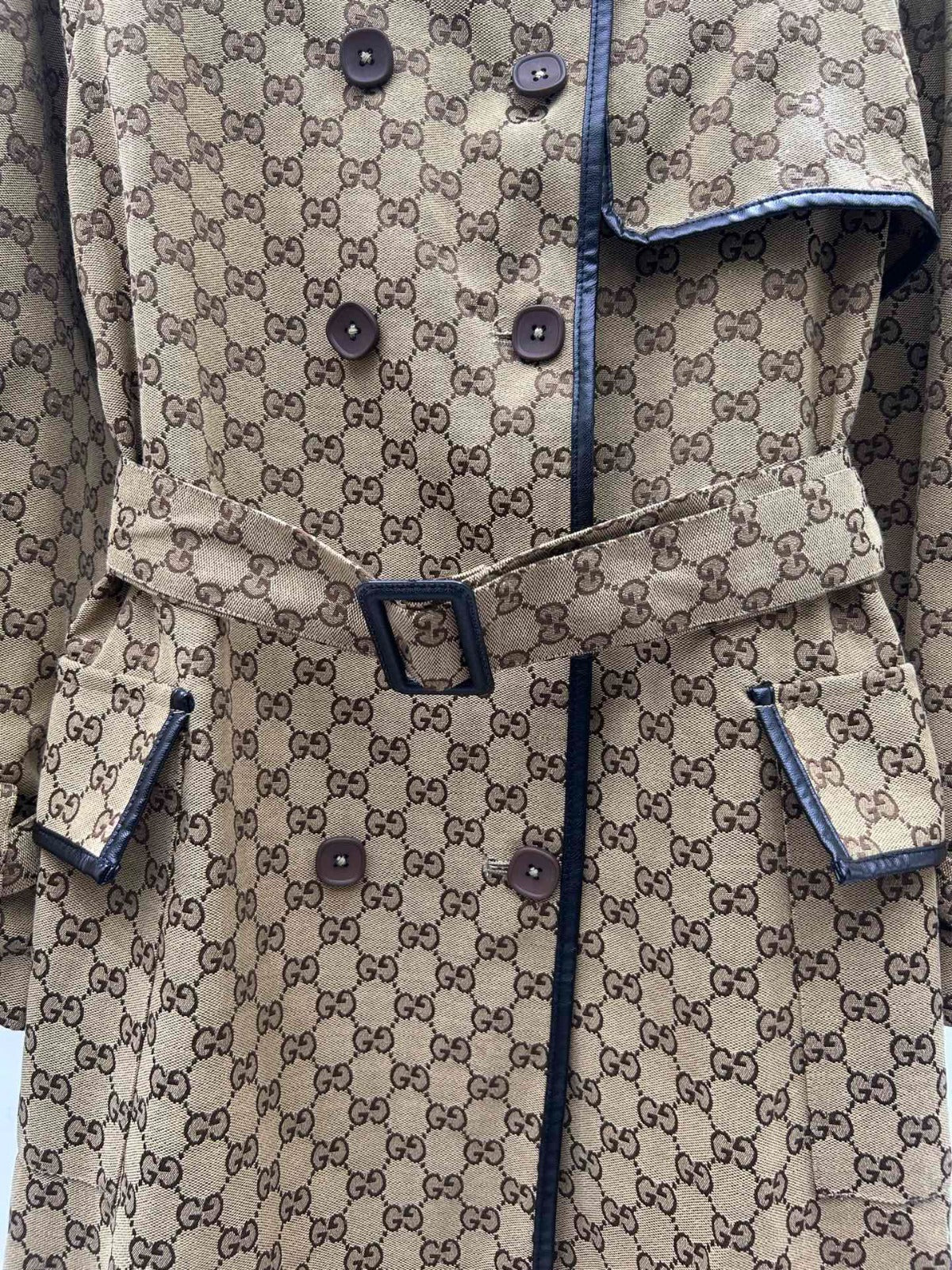GUCCI -JACQUARD COTTON-BLEND CANVAS TRENCH COAT WITH LEATHER TRIM