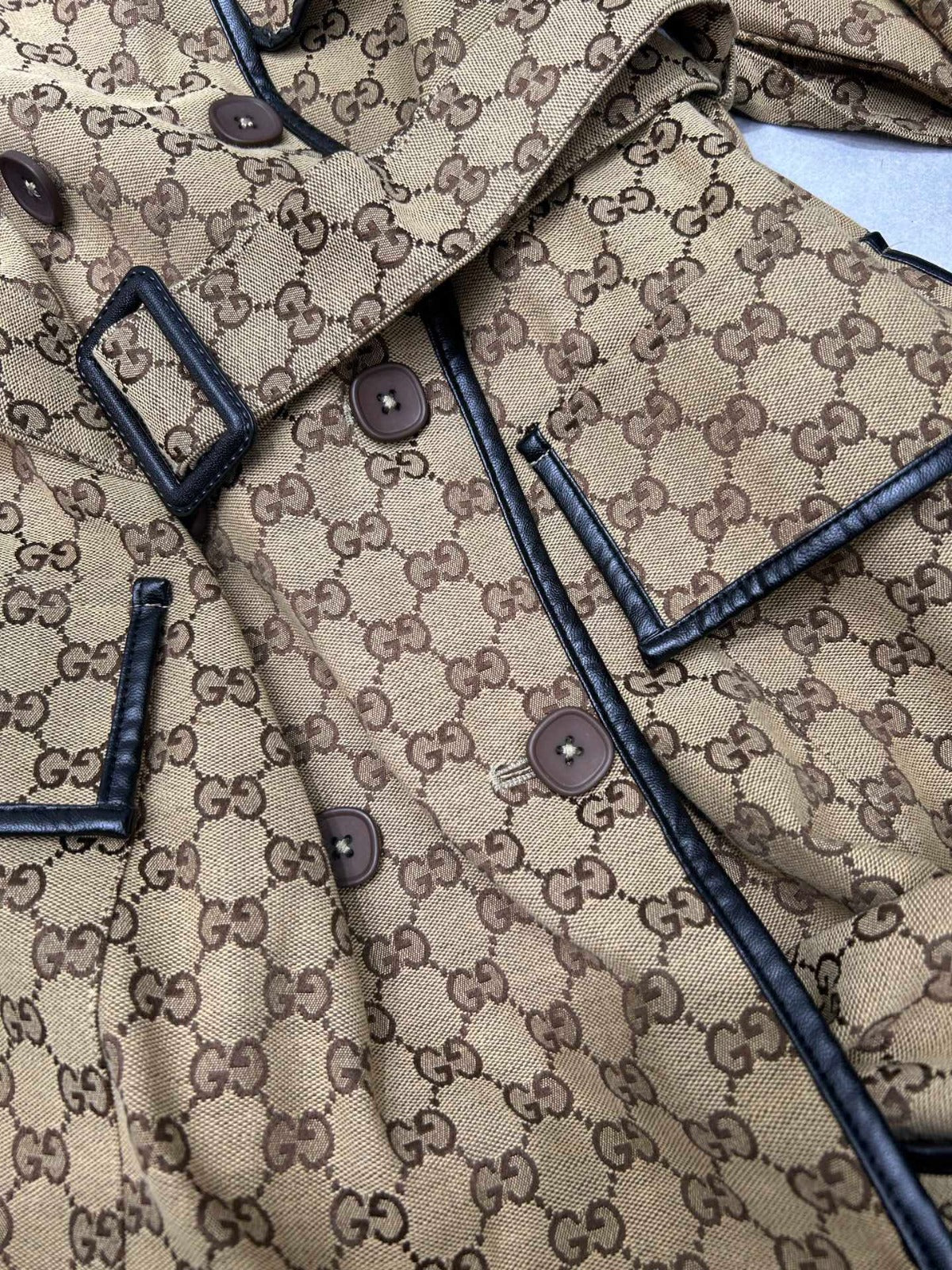 GUCCI -JACQUARD COTTON-BLEND CANVAS TRENCH COAT WITH LEATHER TRIM