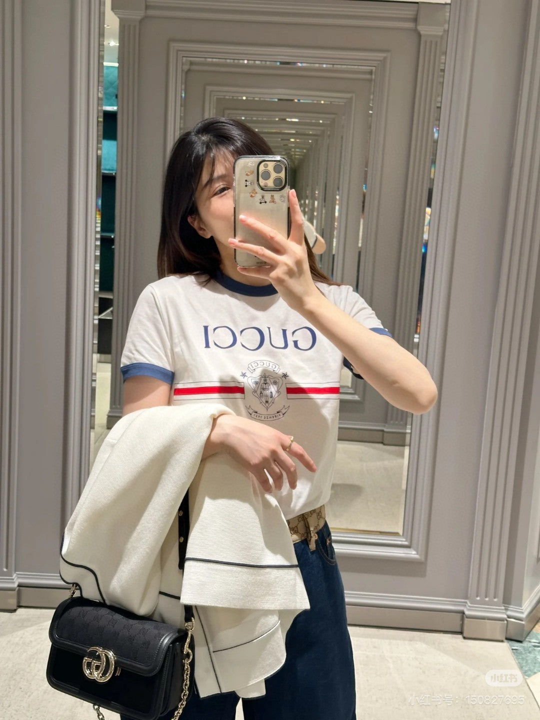 GUCCI White Blue Cotton Jersey T-shirt With Print