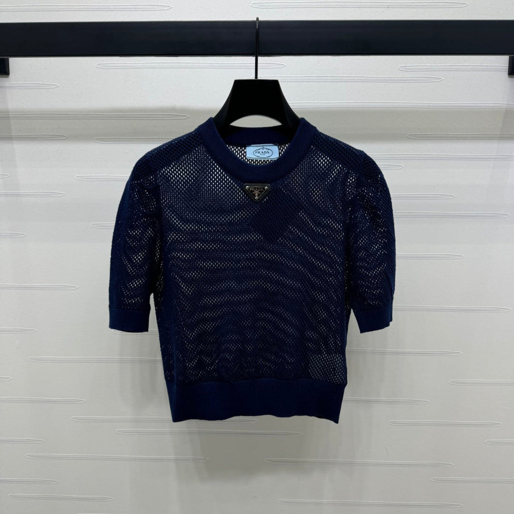 PRADA D 25S HOLLOW KNIT SHORT SLEEVE TOP 264135
