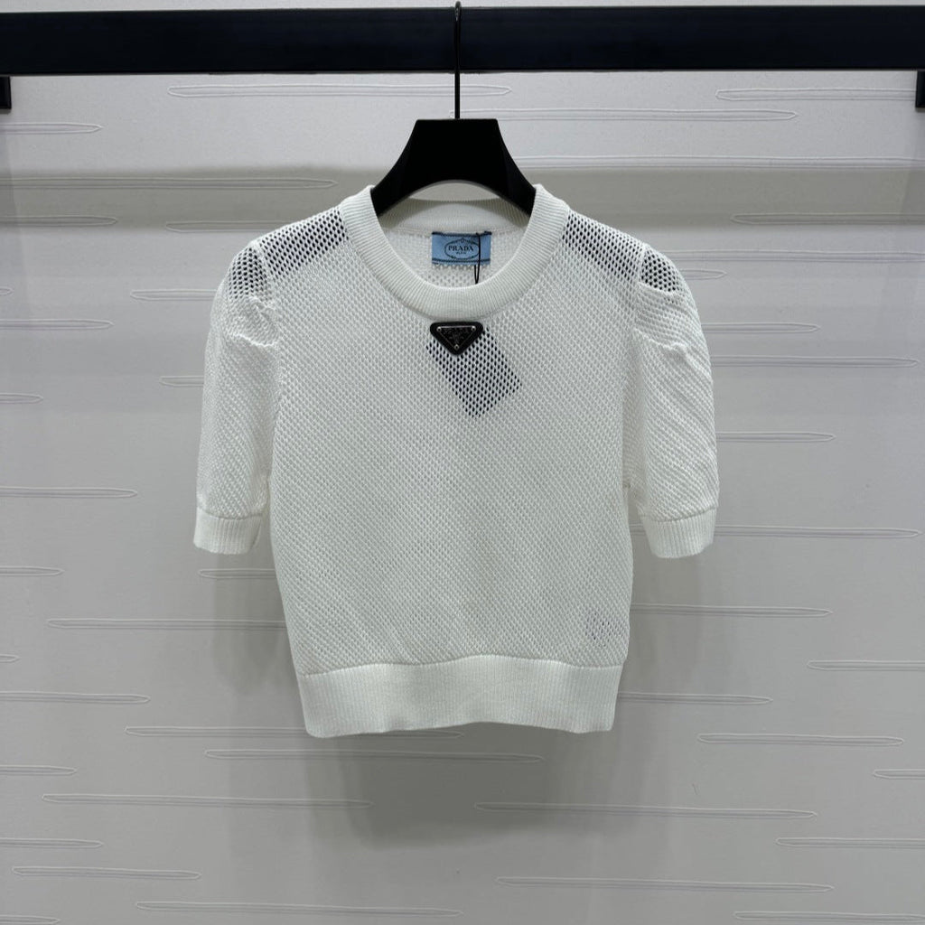 PRADA D 25S HOLLOW KNIT SHORT SLEEVE TOP 264134