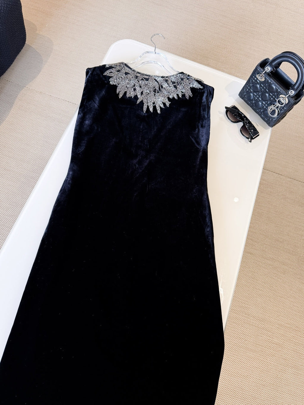 DIOR 25S EMBELLISHED-NECK BLACK VELVET DRESS 722
