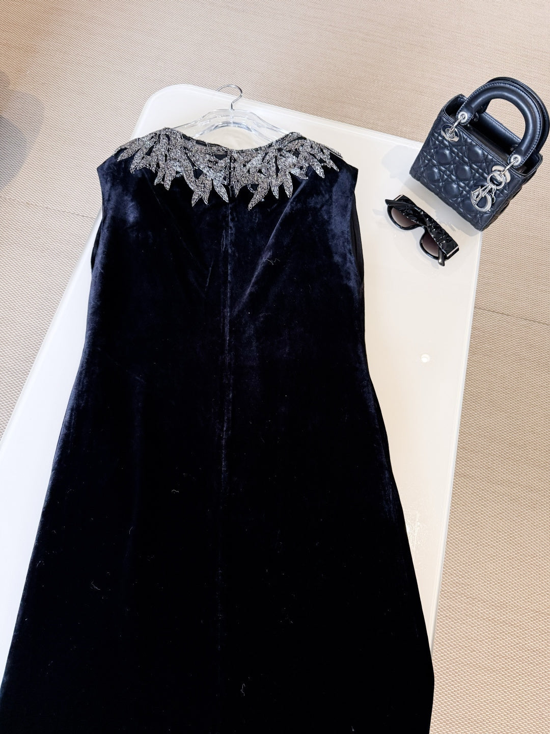 DIOR 25S EMBELLISHED-NECK BLACK VELVET DRESS 722