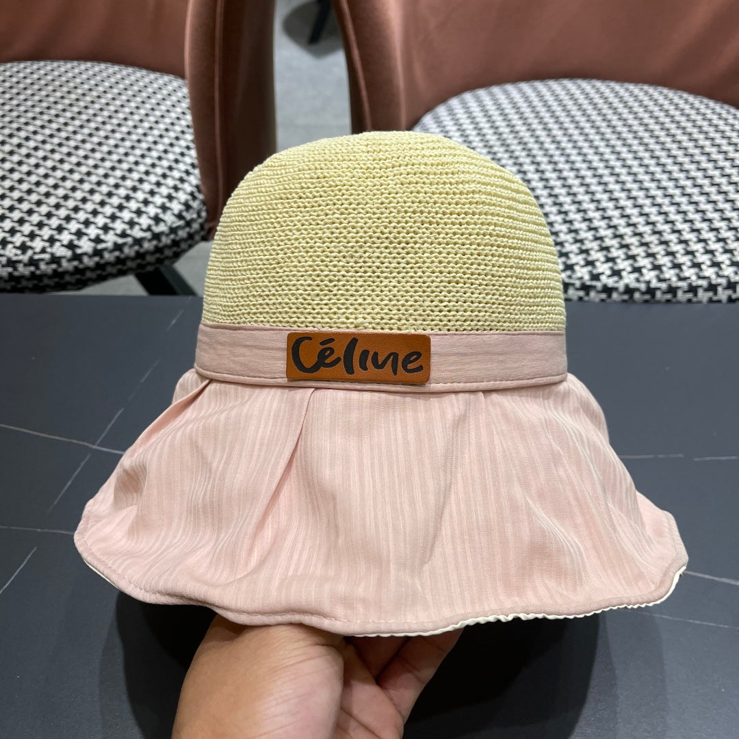 CELINE WIDE BRIM HAT MODEL 651947 IN PINK MESH FABRIC