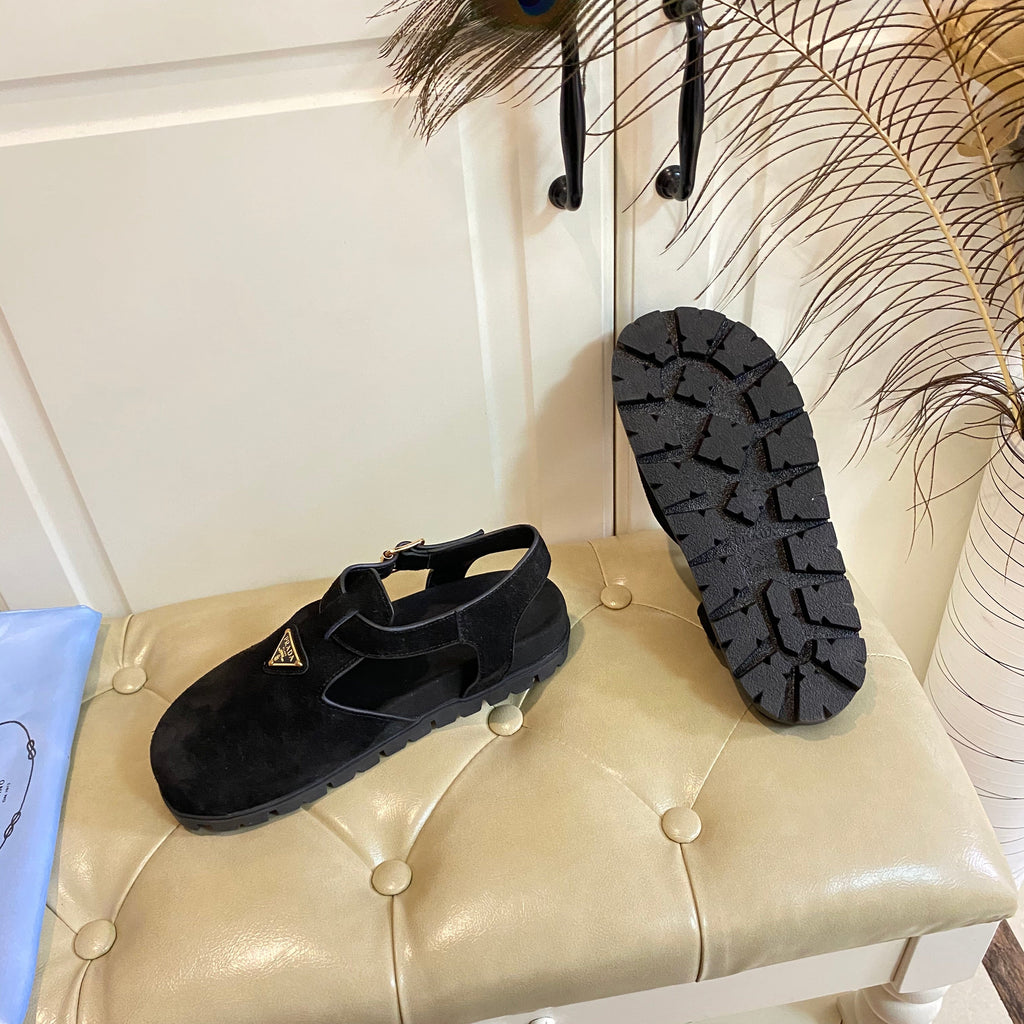 PRADA RUBBER SOLE SANLS IN BLACK SUEDE