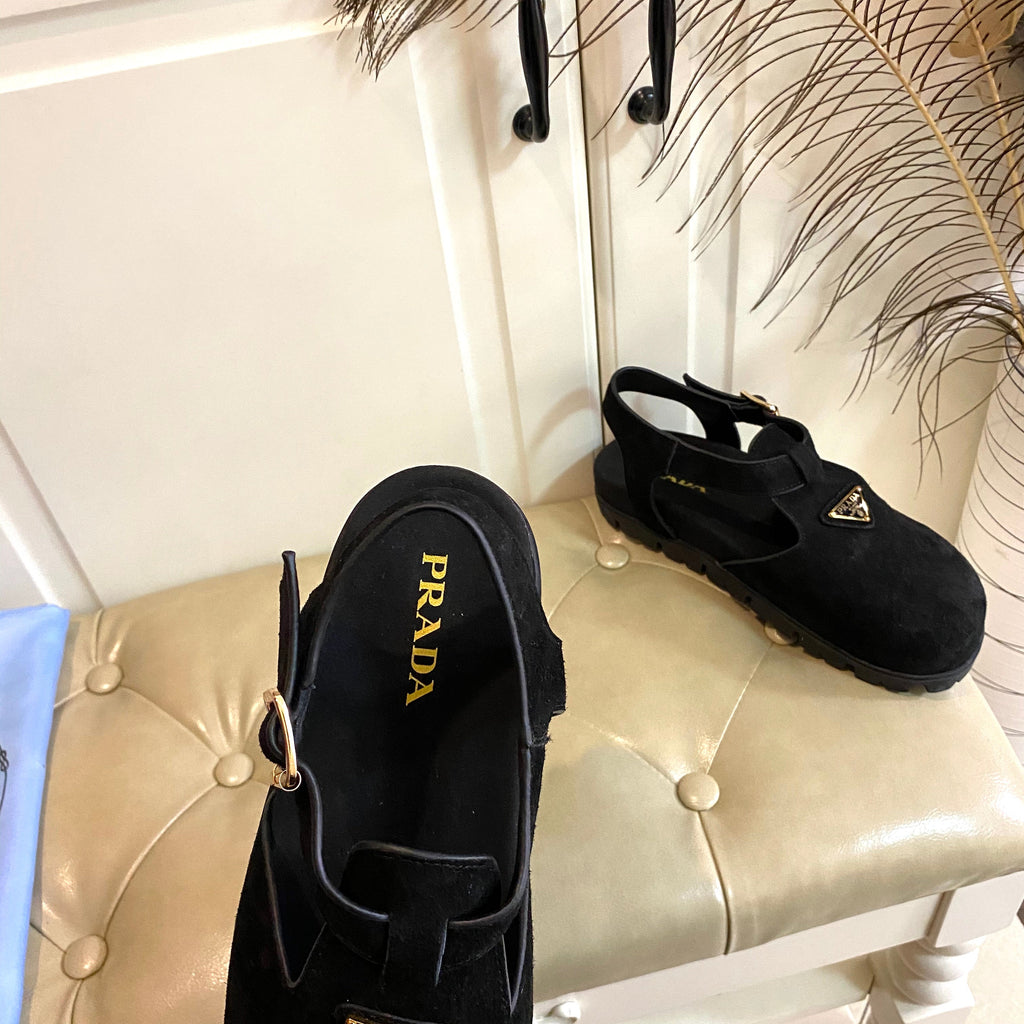 PRADA RUBBER SOLE SANLS IN BLACK SUEDE
