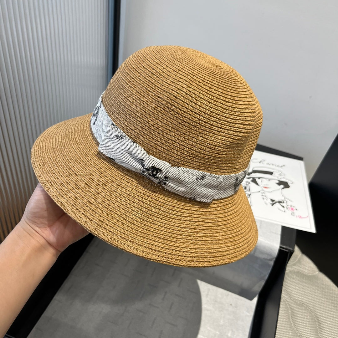 CHANEL STRAW BUCKET HAT IN BROWN WITH RIBBON BOW 673978