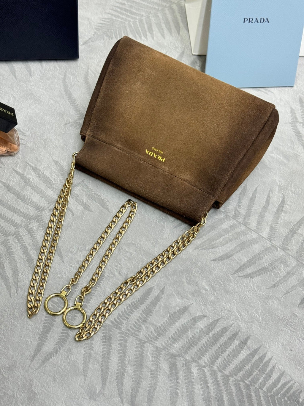 PRADA 25S ENCHAINE MINI BAG 22 IN CARAMEL BROWN SUEDE GOLD HARDWRE