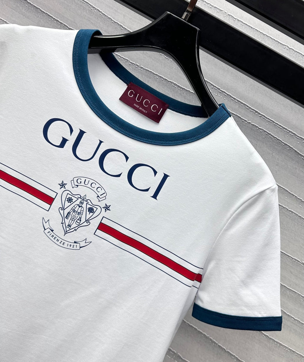 GUCCI White Blue Cotton Jersey T-shirt With Print