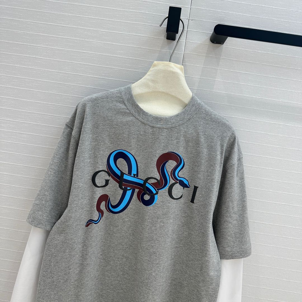 GUCCI Gucci 25 Printed Long-sleeved T-shirt Gray Cotton