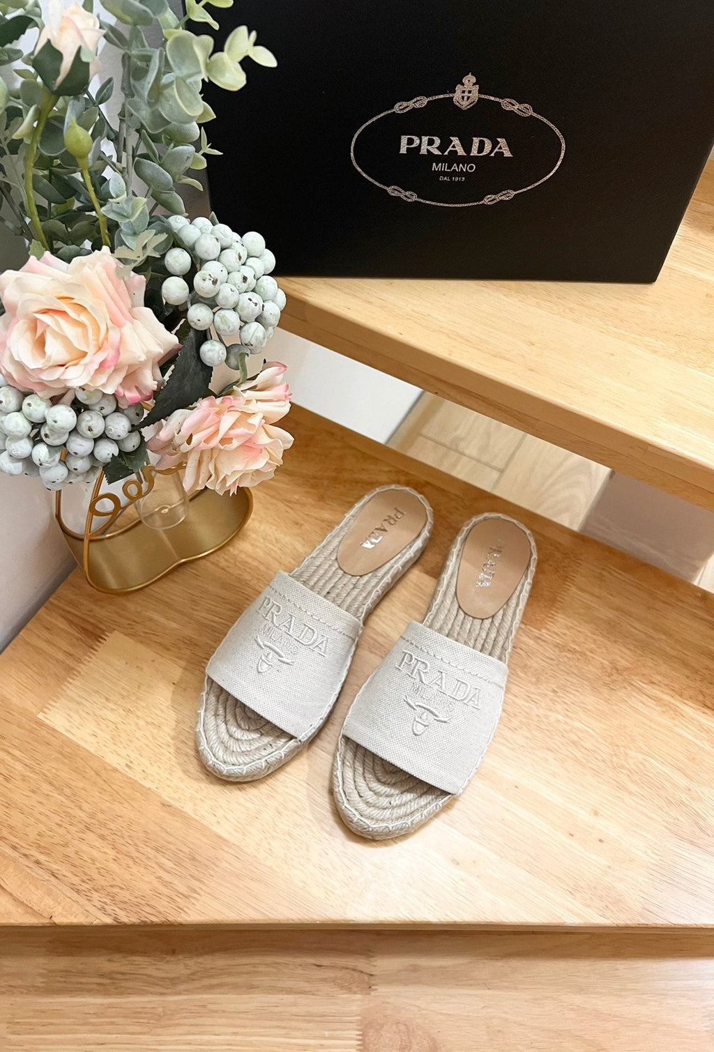 PRADA Pra Slide 20 Beige Velvet Sole Raffia
