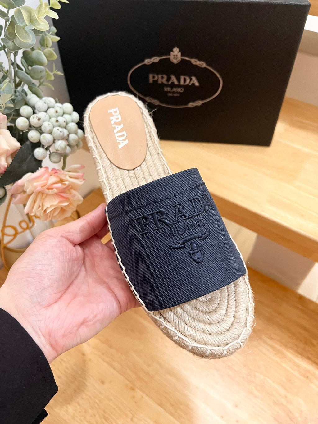 PRADA Pra Slide 20 Denim Velvet Beige Sole Raffia