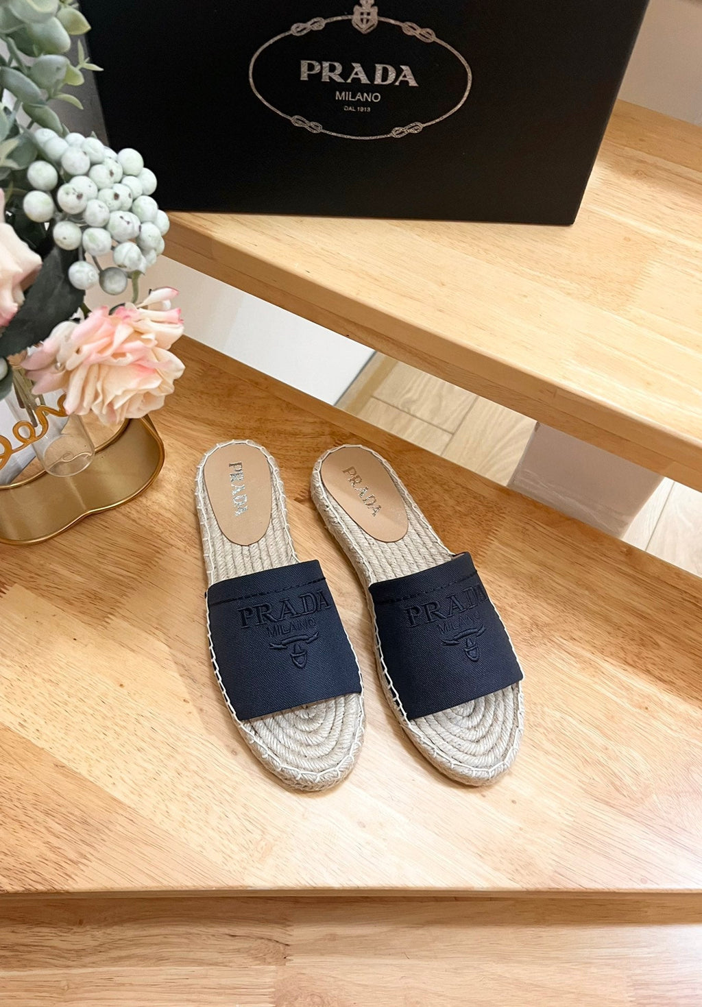 PRADA Pra Slide 20 Denim Velvet Beige Sole Raffia