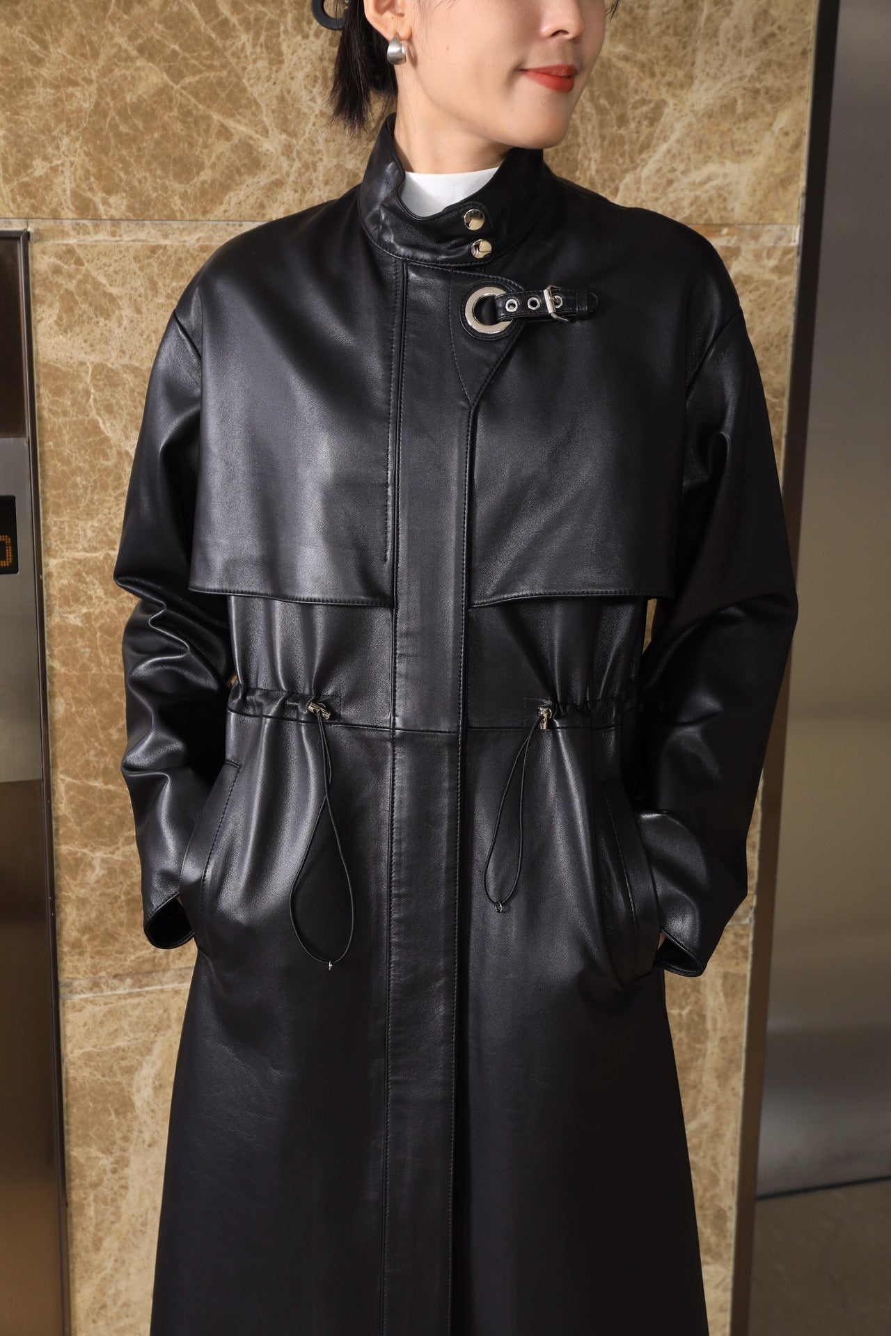 HERMES HERMES 25S LONG LEATHER JACKET WITH DRAWSTRING WAIST 170