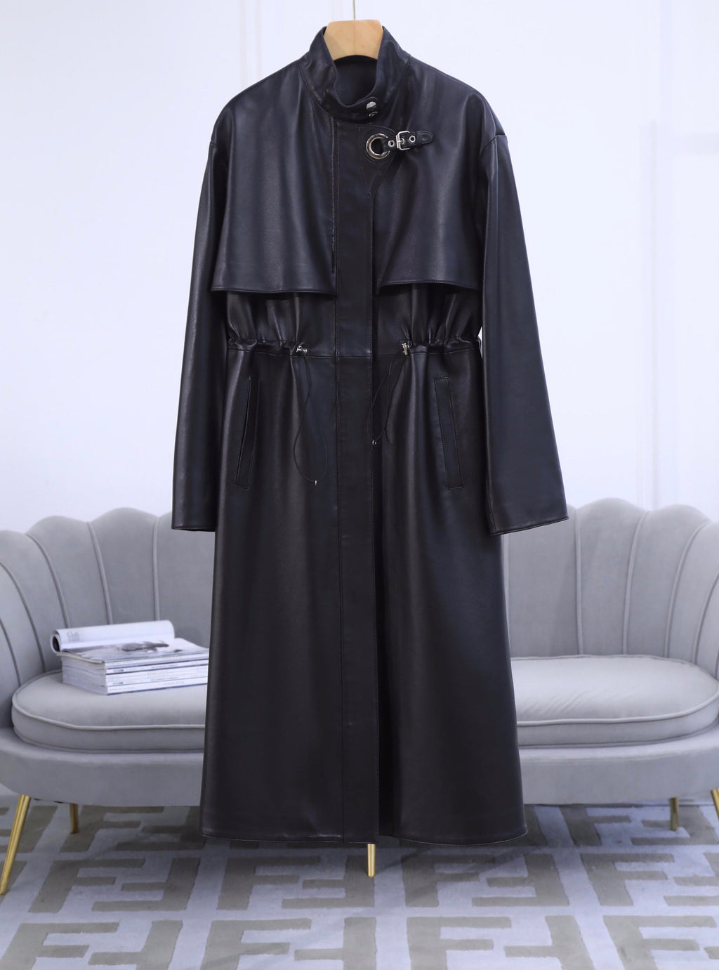 HERMES HERMES 25S LONG LEATHER JACKET WITH DRAWSTRING WAIST 170