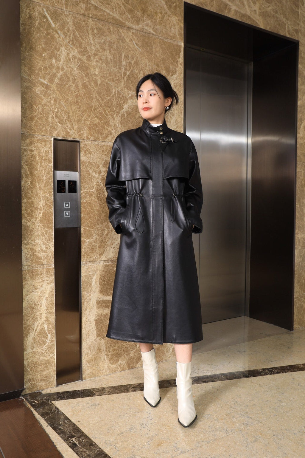 HERMES HERMES 25S LONG LEATHER JACKET WITH DRAWSTRING WAIST 170