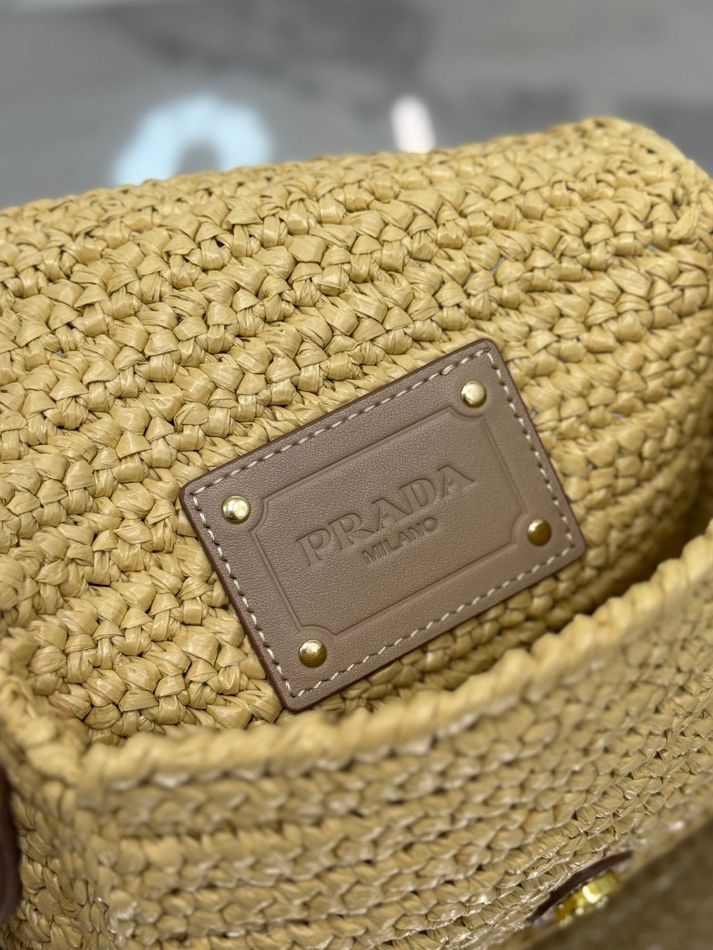 PRADA WOVEN SMALL FLAP BAG 16 IN BEIGE RAFFIA GOLD HARDWARE