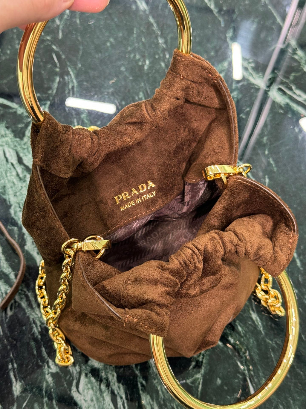 PRADA MINI BUCKET BAG 19 IN CHOCOLATE SOFT SUEDE GOLD HARDWARE