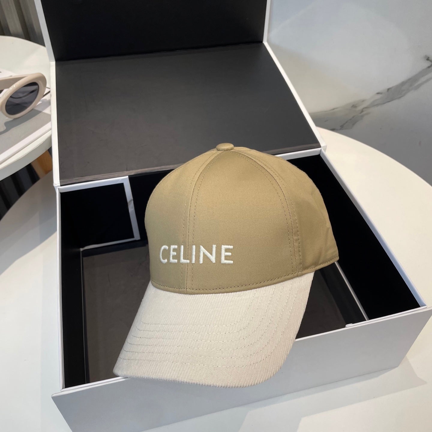 CELINE BASEBALL CAP MODEL 652408 IN OLIVE GREEN AND WHITE FABRIC