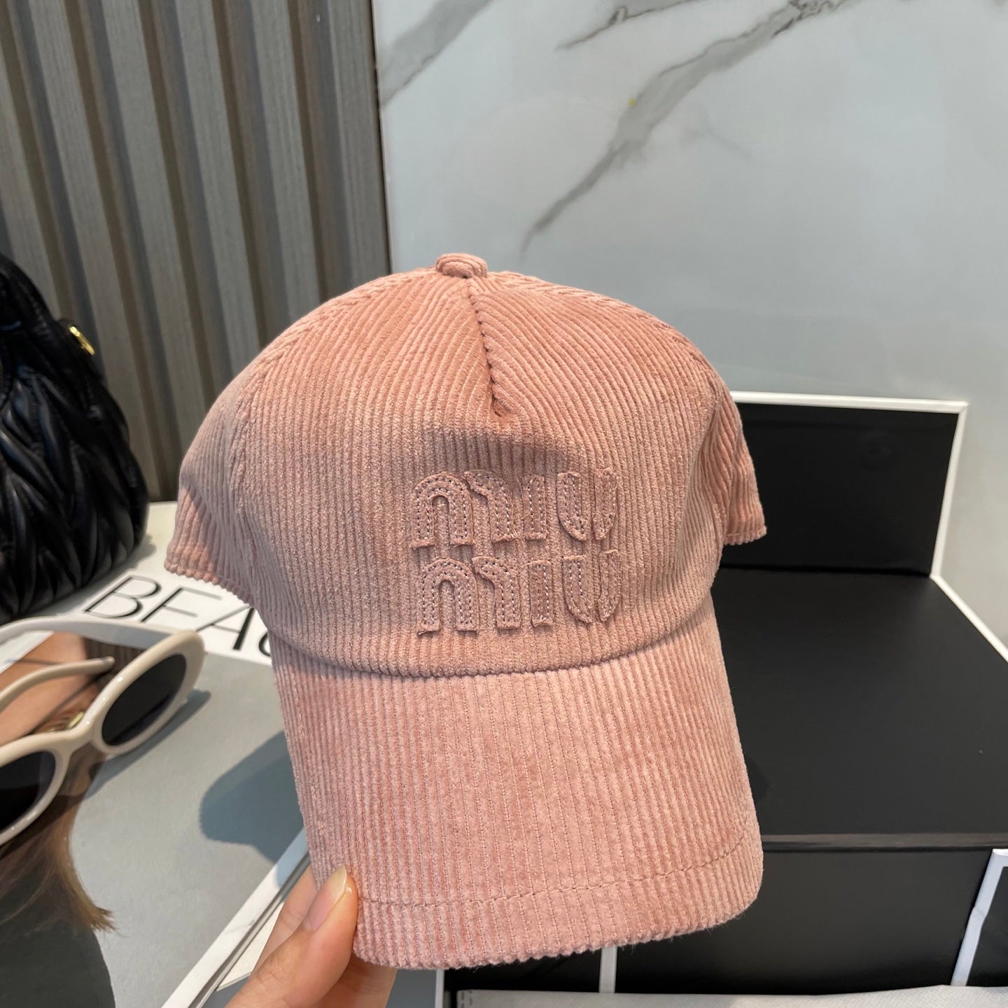 MM BASEBALL CAP IN PEACHY PINK VELVET