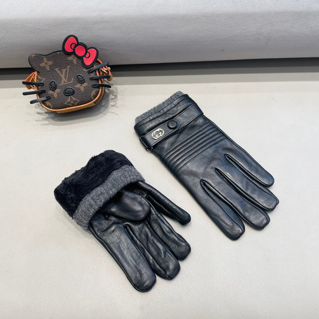 GUCCI TOUCHSCREEN GLOVES IN BLACK LAMBSKIN MIX WOOL 327782