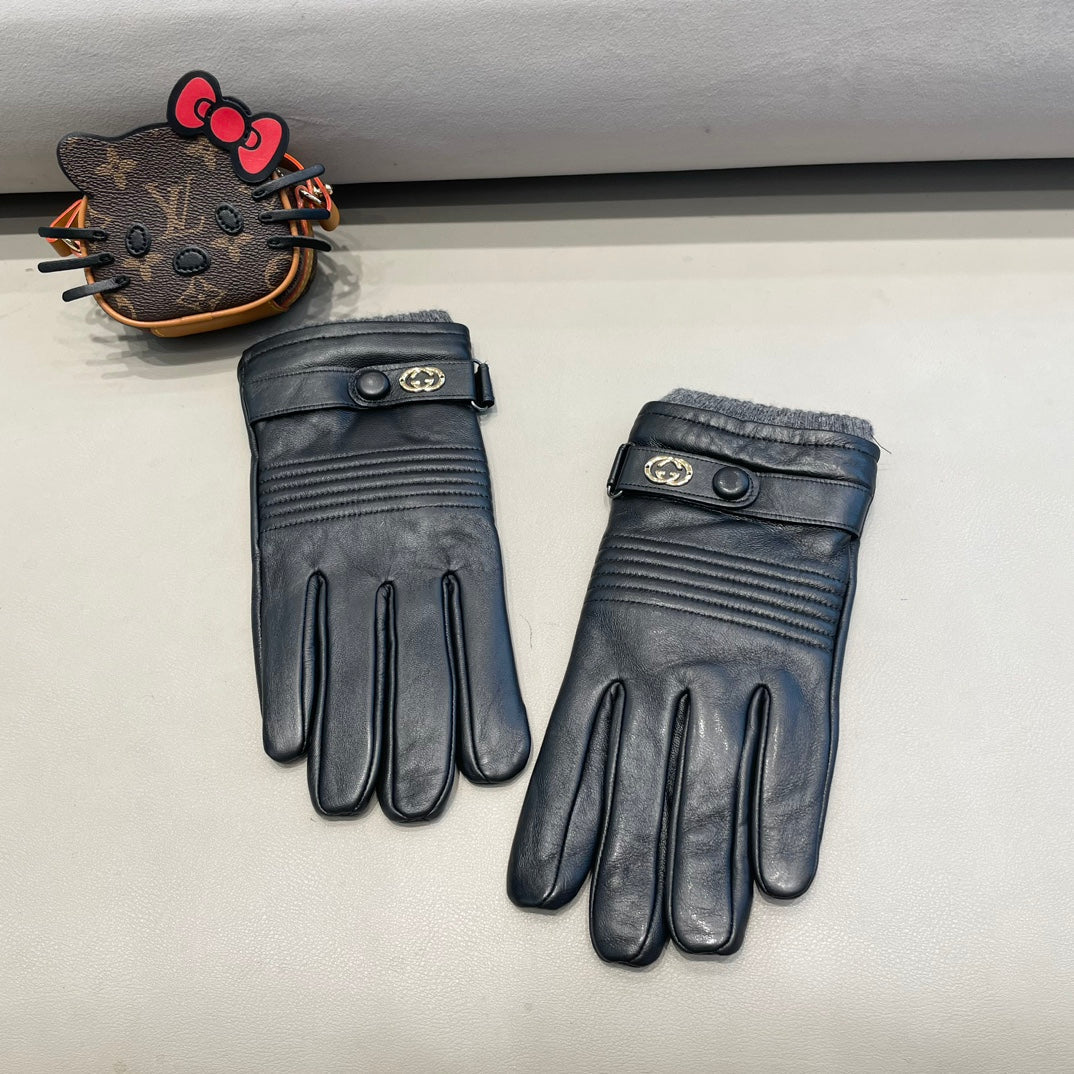 GUCCI TOUCHSCREEN GLOVES IN BLACK LAMBSKIN MIX WOOL 327782