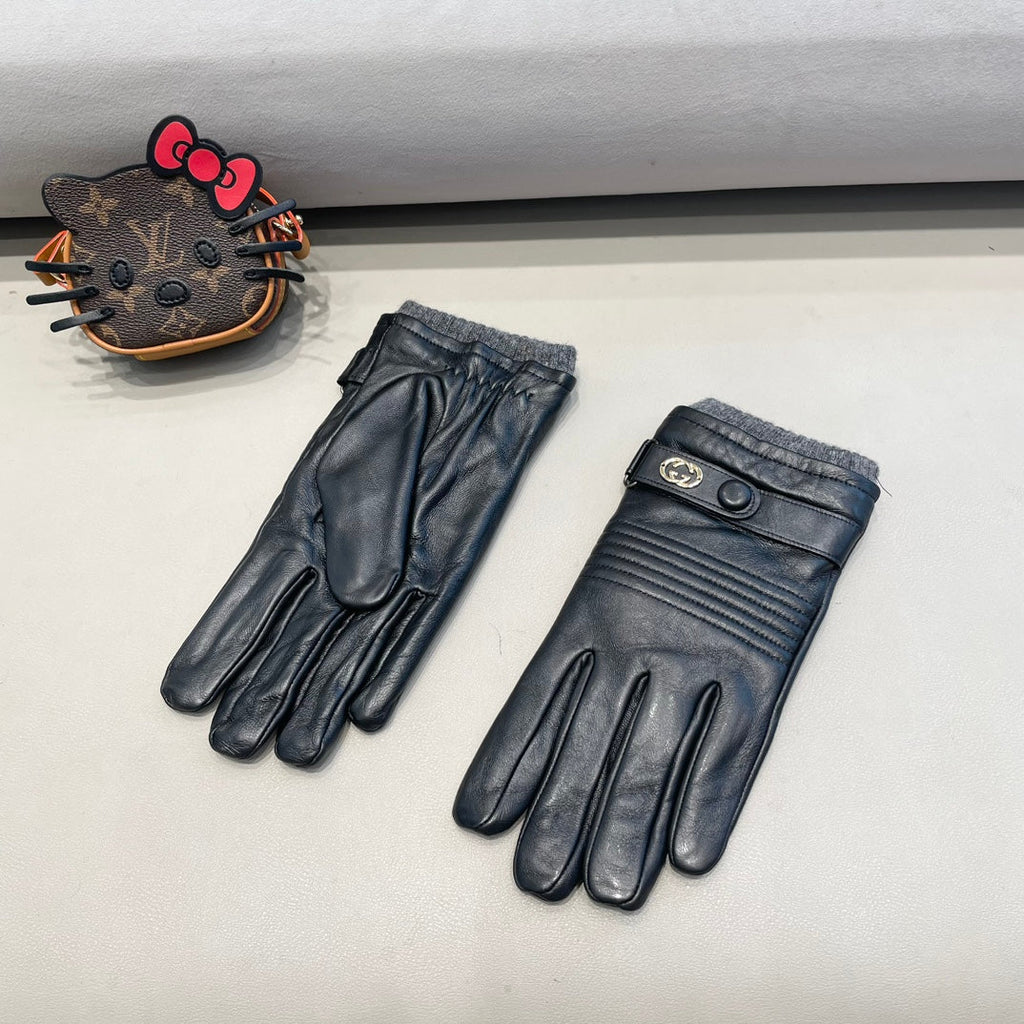 GUCCI TOUCHSCREEN GLOVES IN BLACK LAMBSKIN MIX WOOL 327782