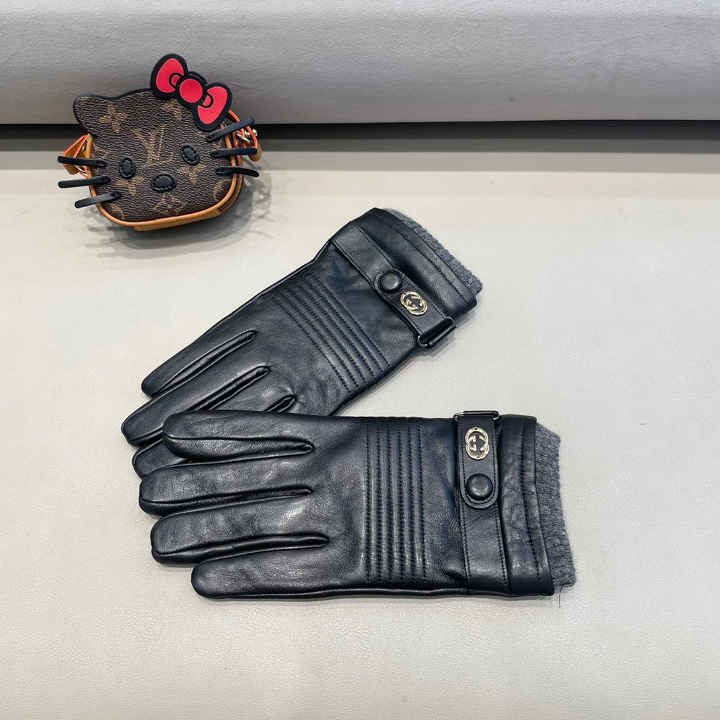 GUCCI TOUCHSCREEN GLOVES IN BLACK LAMBSKIN MIX WOOL 327782