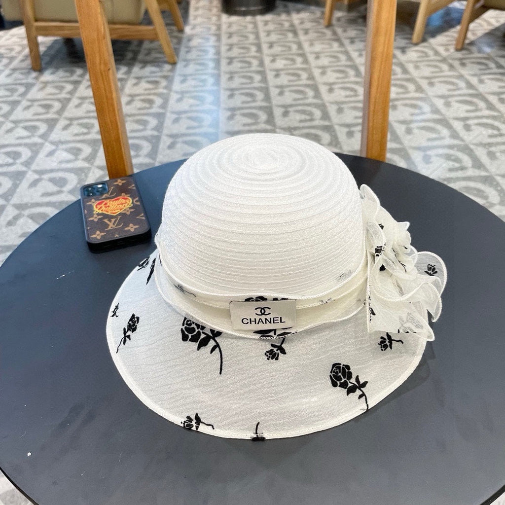 CHANEL STRAW HAT WITH CHIFFON FLOWER WHITE 672758