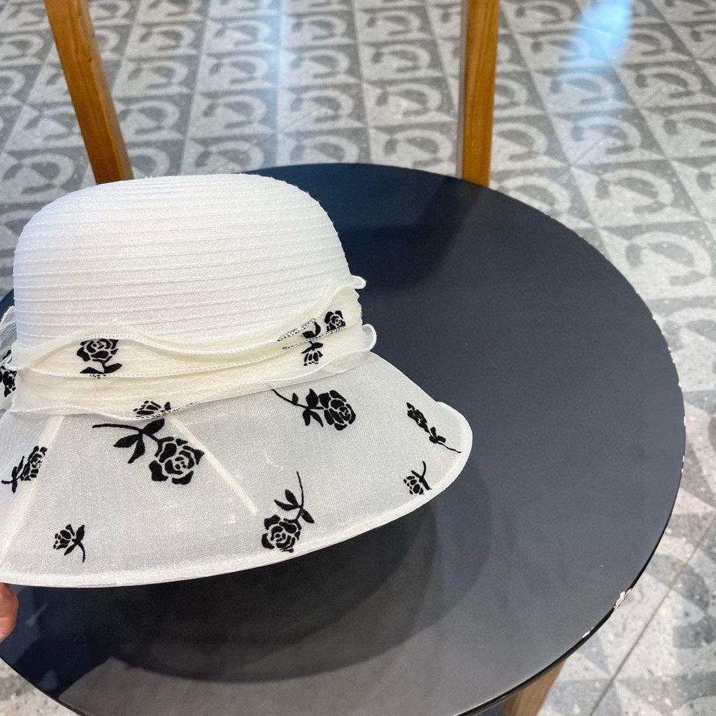 CHANEL STRAW HAT WITH CHIFFON FLOWER WHITE 672758